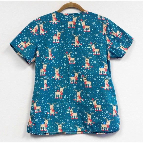 Zoe & Chloe green reindeer scrub top Small - Picture 2 of 4